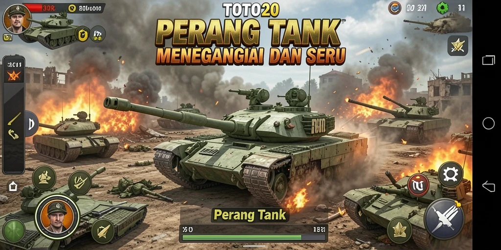 Tampilan antarmuka TOTO20 yang menampilkan pertempuran tank yang seru.